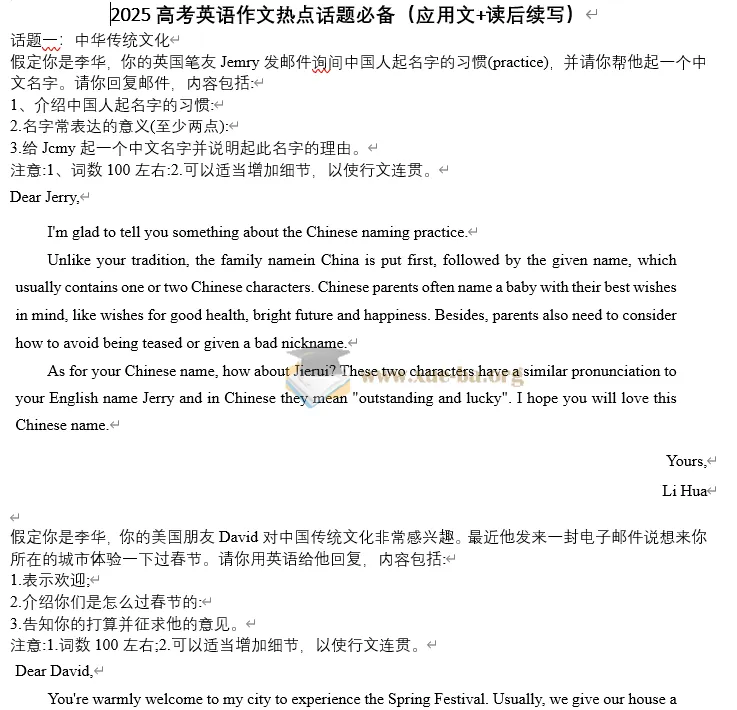 2025届高考英语作文热点话题:应用文与读后续写必备资料