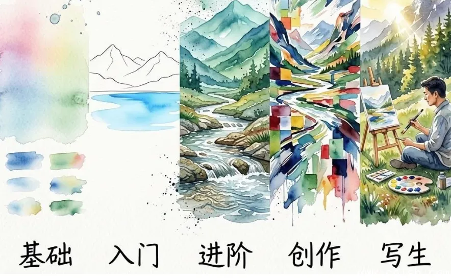 水彩风景五合一系统教程:基础入门到进阶创作与写生完整合集