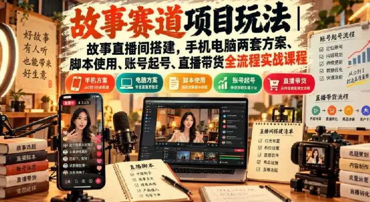 故事直播间实战课|手机电脑双方案搭建、起号脚本与带货全流程拆解